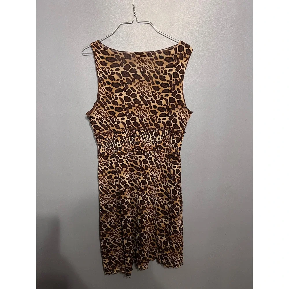 BCBG MaxAzria Y2K Brown Animal Print MIDI Baby Doll Dress Mesh Lined Sz LG Party